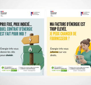 Bannière regroupant quatre visuels Énergie-Info du Médiateur national de l’énergie : comprendre sa facture d’énergie, choisir un contrat d’énergie, changer de fournisseur et faire une réclamation.